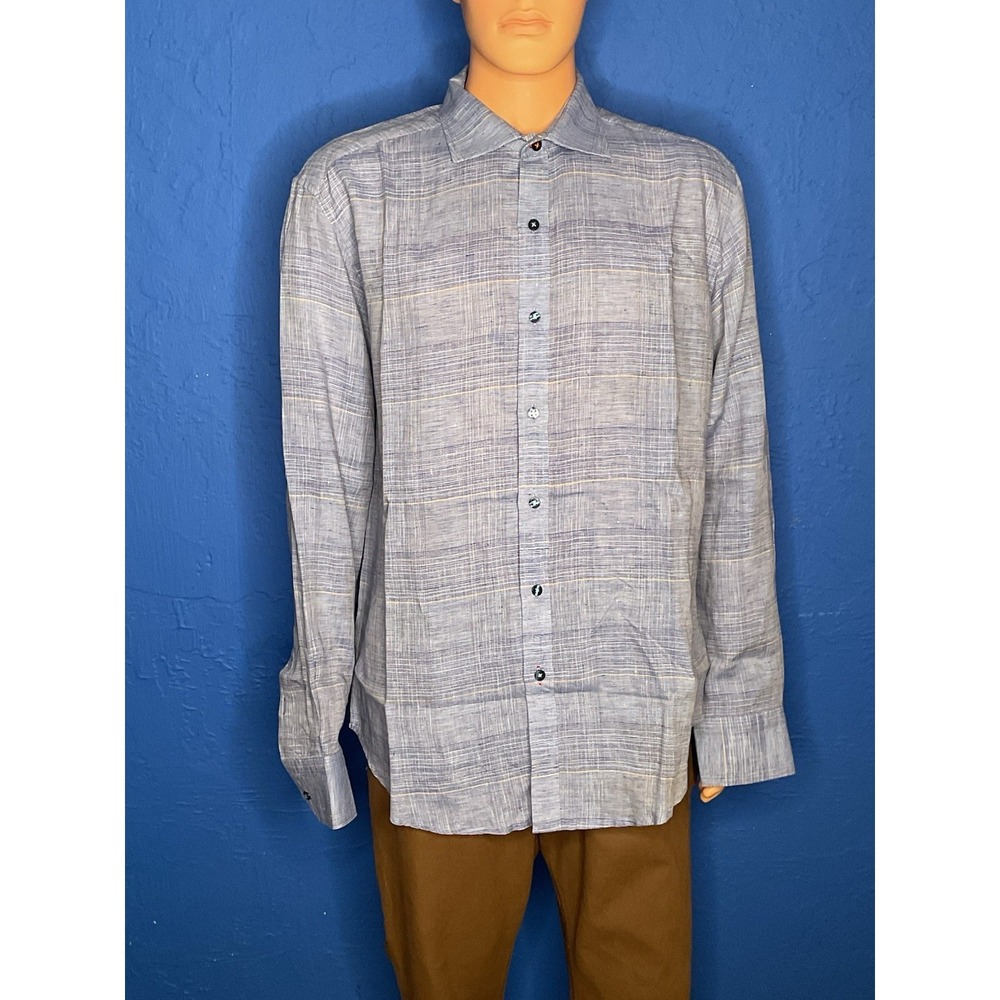 Robert Graham Exclusive Mens Shirt 2XL Blue Plaid Flip Cuff Button Up Designer